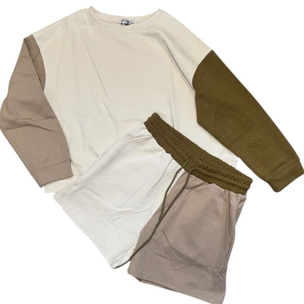 Khaki Contrast Color Block Long Sleeve Top & Shorts Lounge Set NWT - Picture 3 of 12